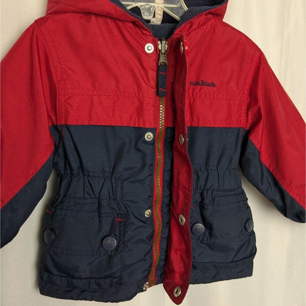 Vtg Oshkosh Reversible Fleece Puffer Red Blue Snap/Zip Up Hooded Jacket Boys 2T
